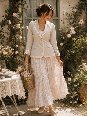 Vintage Nick & Mo Anthropologie Inspired Romantic Linen | Lace Trim Blazer EUC